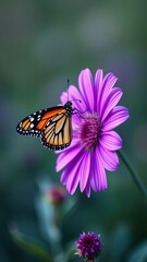 Naklejka premium Tiny monarch butterfly perches on bright purple wildflower, nature, flower detail, macro photography