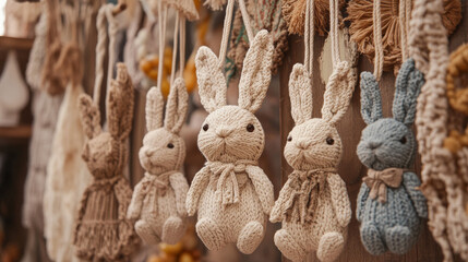 Handcrafted knitted bunny toys hanging on a wooden display
