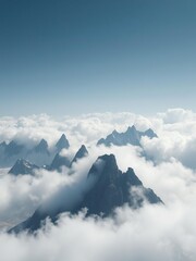 Towering mountain peaks shrouded in a blanket of mist and clouds , alpine scenery, nature photography, mountain peaks