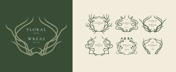 Vector set of line floral wreath. Decorative frame with minimalistic flowers branches. Botanical elements perfect for invitation wedding cards