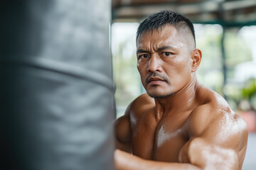 Portrait of a middle-aged Asian man training in a gym