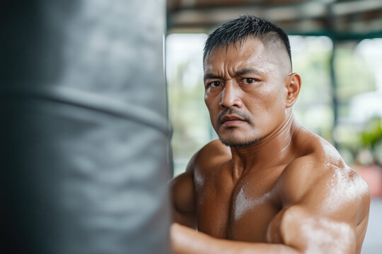 Portrait of a middle-aged Asian man training in a gym
