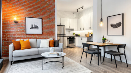 Modern living room with brick wall featuring stylish furniture, artistic decor, and a cozy dining area, perfect for contemporary aesthetics.