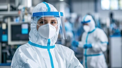 Safety protocols in action at manufacturing plant with workers wearing protective gear, machines in operation, secure workspaces, proper signage, and emergency response plans in place