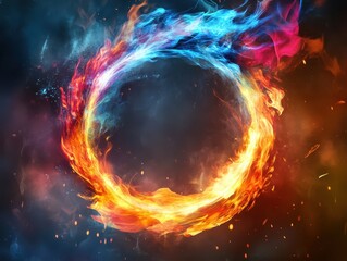 Obraz premium Creative fiery cycle design with colorful flames on a dark background, radiating retro energy with vibrant textures