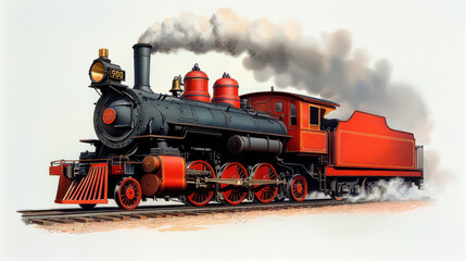 Obraz premium detailed vintage illustration of steam locomotive with red accents, showcasing intricate design and historical charm. train emits steam as it travels on railway tracks