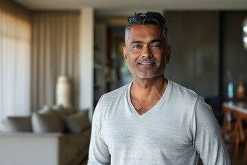 Portrait of a blissful indian man in his 40s sporting a long-sleeved thermal undershirt while standing against modern minimalist interior