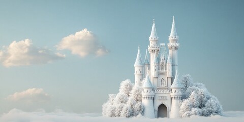 A whimsical ice castle stands amidst fluffy clouds, evoking a dreamy winter landscape.