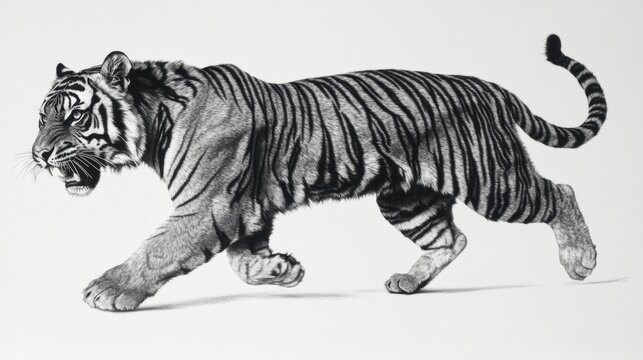 Black and white image of a wild tiger mid-stride on a pure white background, striking contrasts bring out fierce details and powerful stance