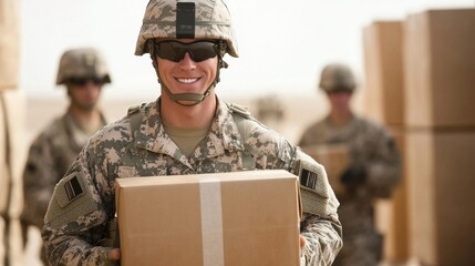 Smiling soldiers delivering Christmas gift packages, spreading joy and support to communities, showcasing military service and holiday spirit