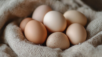 Seven eggs, one speckled, resting in a soft linen nest surrounded by white daisies
