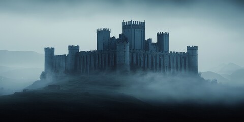 Obraz premium A dark, atmospheric castle looms above a foggy landscape, evoking a sense of mystery and medieval grandeur.