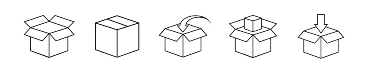 delivery box or parcel vector icons set (fill only eps file) on white background. product, cargo, package, packing, export, shipping, pack, deliver, delivering, packaging, mail, transport concept