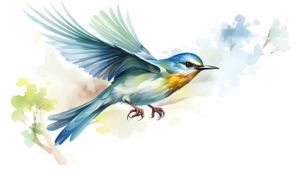 Watercolor flying bird on a soft, colorful background with splashes, great for greeting cards or wallpaper