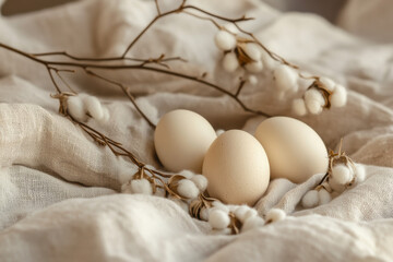 White eggs resting on soft cotton fabric with cotton branches in natural sunlight
