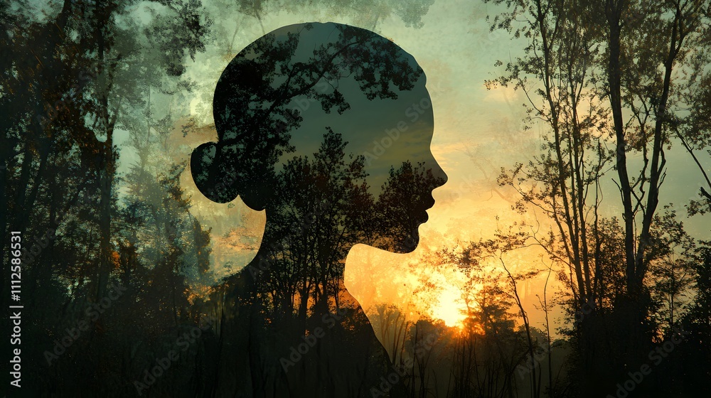 Aufkleber silhouette of a woman against a beautiful sunset with trees creating a dreamy double exposure effect
