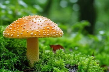 Close-up view of a mushroom growing on a bed of moss