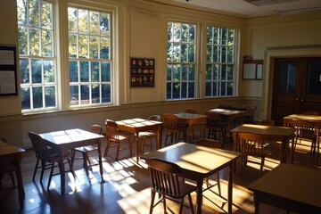 Fototapeta premium Sunlit classroom with numerous small wooden tables and chairs.