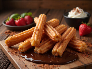 Warm churros with chocolate sauce, fresh strawberries whipped cream at a cozy dessert bar