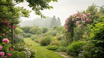 Watercolor Garden Scene with Fresh Greens, natural elements, lush foliage