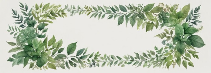 Watercolor leafy border arrangement on white background, stylish, elegant frame