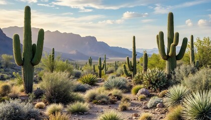 Cactus varieties and native succulent plants in the desert landscape with blue sky and clouds mountains cliffs rocks beautiful cenery