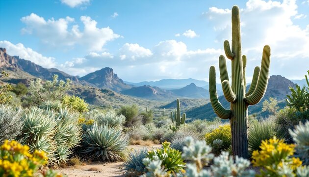 Cactus varieties and native succulent plants in the desert landscape with blue sky and clouds mountains cliffs rocks beautiful cenery