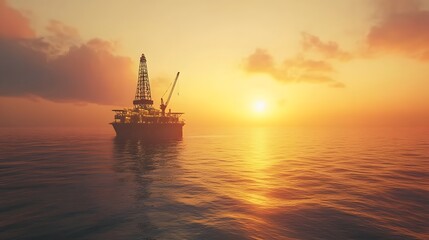 Fototapeta premium Oil rig stands silhouetted against a vibrant sunset over calm ocean waters