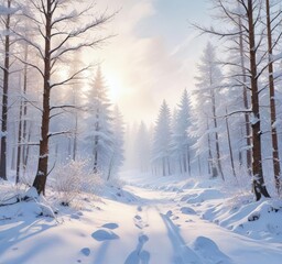 Obraz premium Watercolor painting of a winter landscape with snow-covered trees, peaceful scene, icy rivers