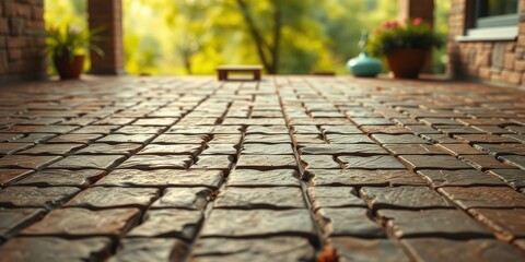 A low angle perspective of a stone patio, with a blurred background of lush greenery and a hint of sunlight illuminating the textured surface.