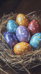 Fototapeta premium Photo of festive colorful Easter eggs in a nest of hay, eggs painted with flowers, dots and patterns, soft pastel colors