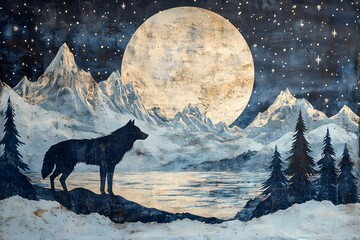 Fototapeta premium Black Wolf Silhouette Against a Scenic Moonlit Mountain Landscape with Starry Night Sky and Reflective Lake in the Foreground, Evoking Nature's Serenity and Wilderness