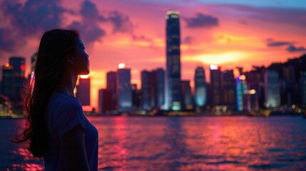 Fototapeta premium A person standing at the shore of a lake or river, looking out over the calm waters
