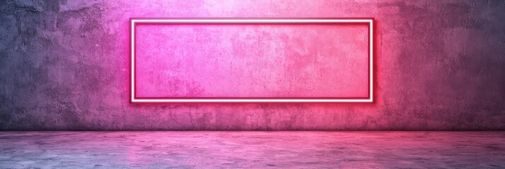 A minimalist, illuminated rectangular frame against a textured wall, featuring a vibrant pink glow, perfect for artistic and modern design themes.