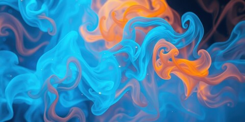 Abstract swirling patterns of bright blue and orange smoke with shimmering particles