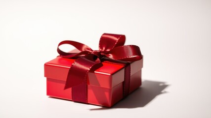Obraz premium A red gift box with a satin ribbon tied into a classic bow, resting on a stark white background. The shadow cast by the box adds depth and dimension to the image.