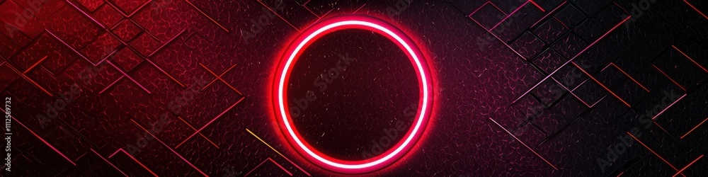 Poster a glowing red circle on a dark background with geometric patterns, creating a modern and energetic a