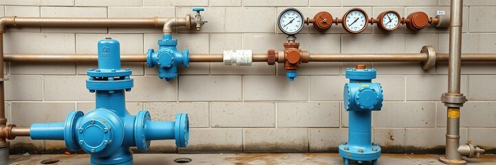 Water facility pump station with valves and gauges, liquid transport, mechanical engineering, water treatment