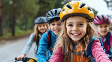 Fototapeta premium Joyful Group of Children Riding Bicycles on a Scenic Path Through Trees, Smiling and Enjoying a Fun Day Outdoors with Friends in Bright Helmets