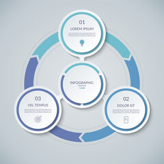 Fototapeta premium Infographic circle with 3 options, parts. 3-step vector template for business infographics. Process chart, cycle diagram for business presentation, report, brochure, web, data visualization.