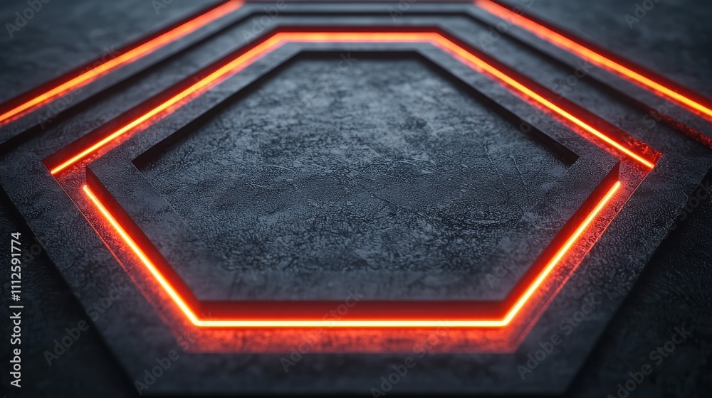 Poster a close-up view of a textured surface featuring a hexagonal shape illuminated by striking red neon l