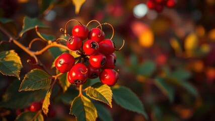 Fototapeta premium A vibrant cluster of red berries nestled among lush green leaves on a branch, bathed in the warm glow of autumn sunlight