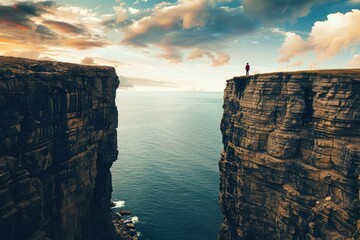 A person stands at the edge of a cliff, gazing out at the vast expanse of the ocean below