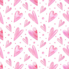 Pink hearts background. Seamless watercolor pattern with hand drawn illustration of cute pink hearts and dots for valentines day wrapping, holidays textile, wallpapers