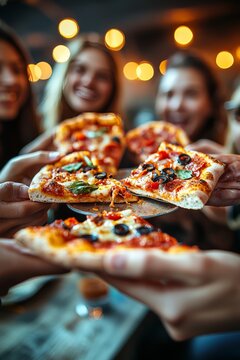 Close-up of six friends gathered around a table, each holding a slice of pizza, their hands and expressive gestures in focus