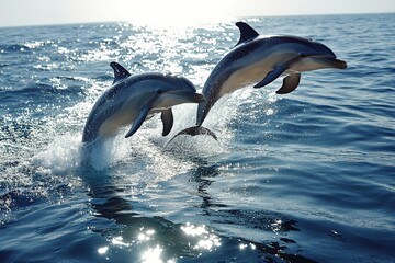 Fototapeta premium Two dolphins leaping from sea at sunset