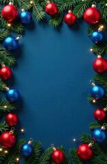 Christmas blue background with Christmas red and blue balloons and fir branches