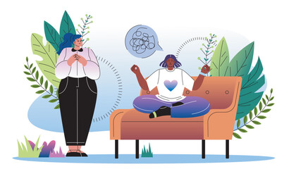 Psychiatrist with client. Woman listens to problems of girl. Psychological support. Uncertainty, frustration and depression. Mental and psychological problems. Flat vector illustration