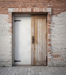 White-painted old brick wall with a wooden door in the foreground, wooden door, natural beauty, rural scenery