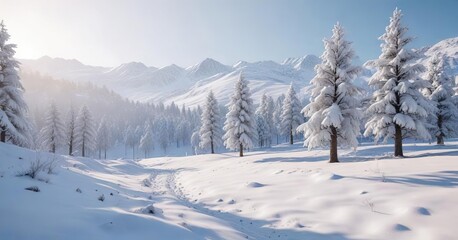 Winter wonderland scene with snow-covered hills and trees, snowflakes falling, winter wonderland, frosty weather